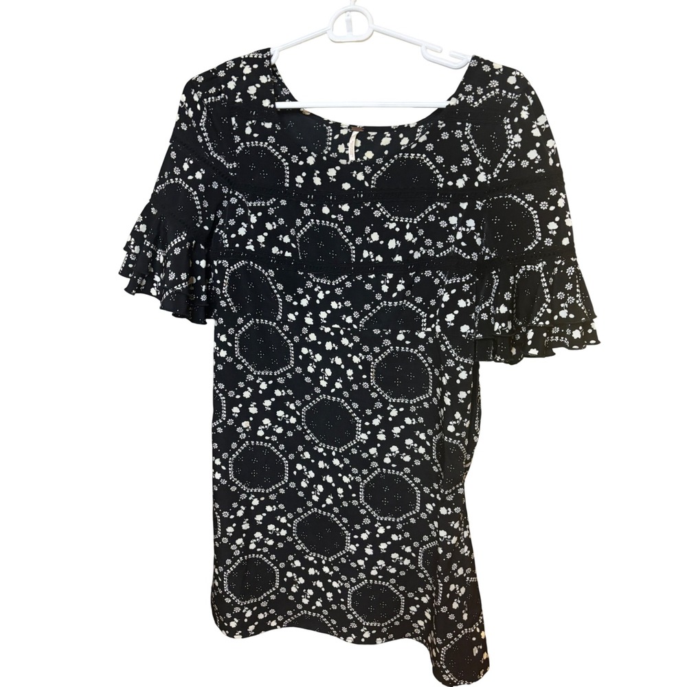Free People Geo Garden Mini Dress Womens Size 4 Black Floral Ruffle Sleeves
